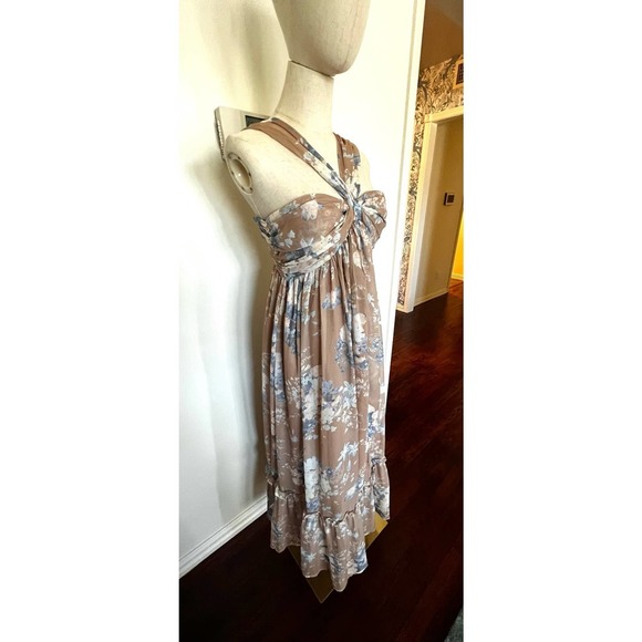 PURPOSE + PASSION Boutique Beige Floral Bandeau Halter Ruffled Maxi Dress Sz S - Picture 5 of 15